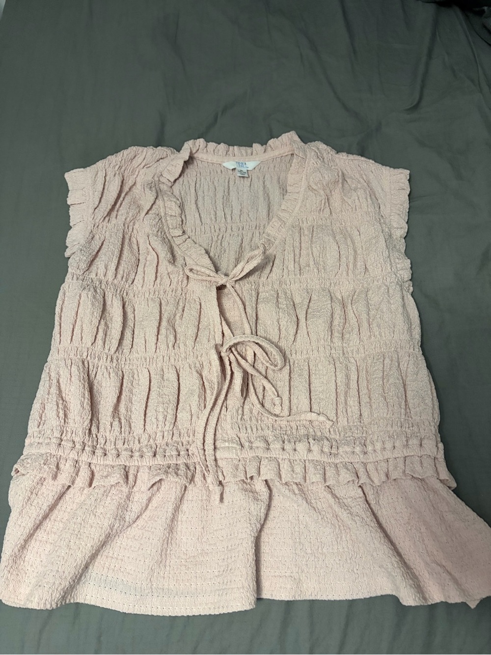 Time and Tru Light Pink Tie-Front Ruffled Textured Blouse